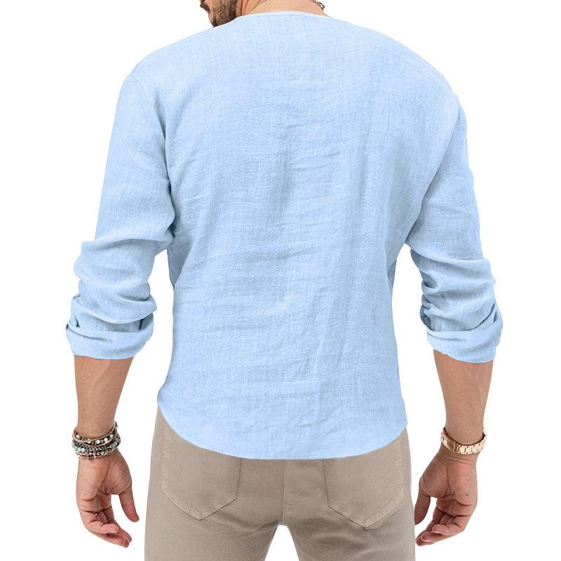 Men Linen Blend Deep V Neck Long Sleeve Casual Loose Fit Solid Color Henley Shirt