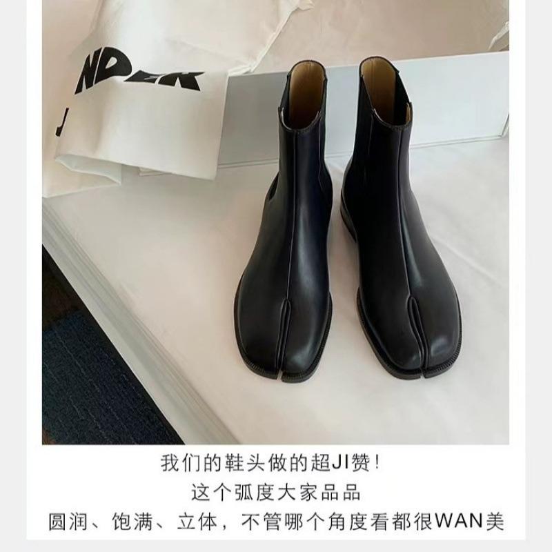 Cowhide niche pig's trotters boots medium tube elastic toe Chelsea boots women's British split-toe short boots