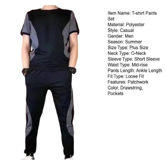 2Pcs/Set O-Neck Short Sleeve Casual Outfit Elastic Waistband Drawstring Pockets Men Patchwork Color T-shirt Jogging Pants Set Streetwear