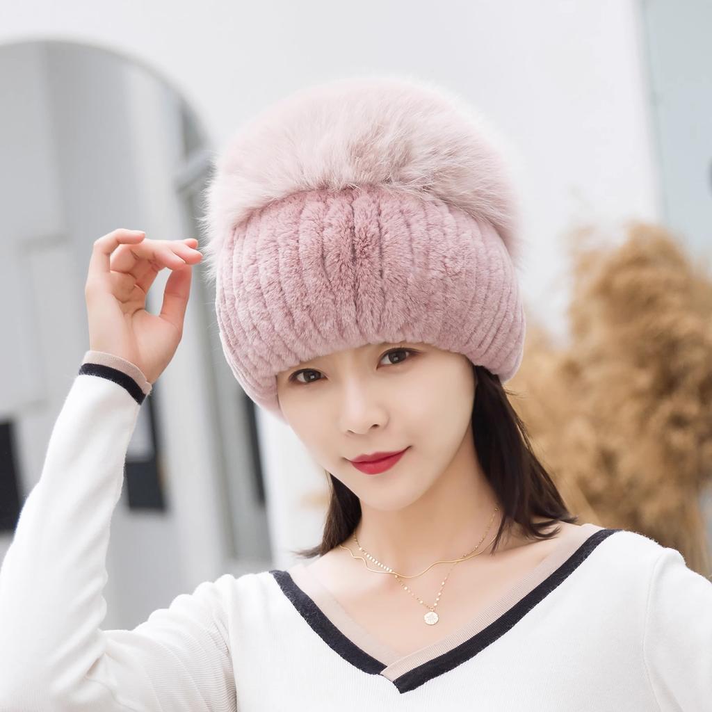 Women Winter Luxury Rabbit Fur Hat Knitted Rex Rabbit Fur Hat Top  Fox Fur Cap Genuine Fox Fur Beanies Hat