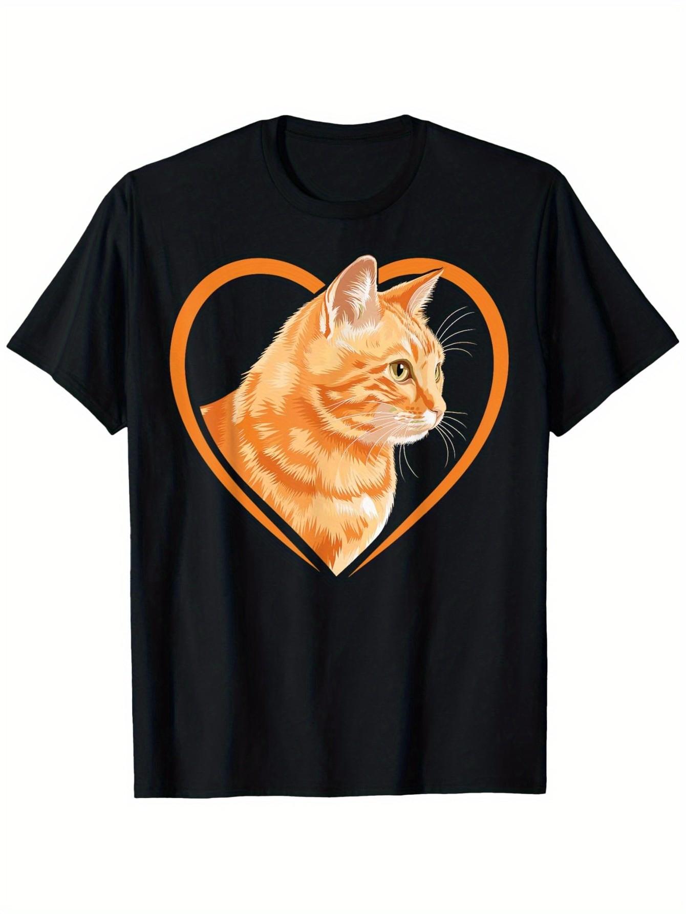 Men S And Women S Orange Tabby Cat T-Shirt - Featuring a Black Shirt with a Ginger Tabby Cat Face And Heart Design XXXL