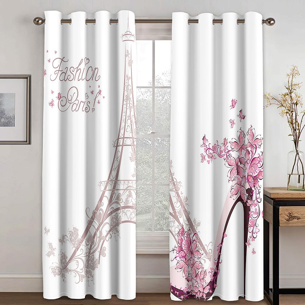 Cartoon Romantic Pink Paris Effiel Tower GirlWindow Curtains Drapes for Kids Bedroom Living Room Kitchen Door Home Decor 2Pieces