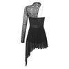 Womens Lace Patchwork One Shoulder Leotard Dress Split See Through Mesh Asymmetric Hem Dance Dress