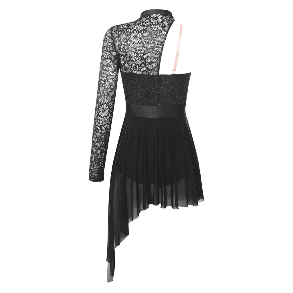 Womens Lace Patchwork One Shoulder Leotard Dress Split See Through Mesh Asymmetric Hem Dance Dress