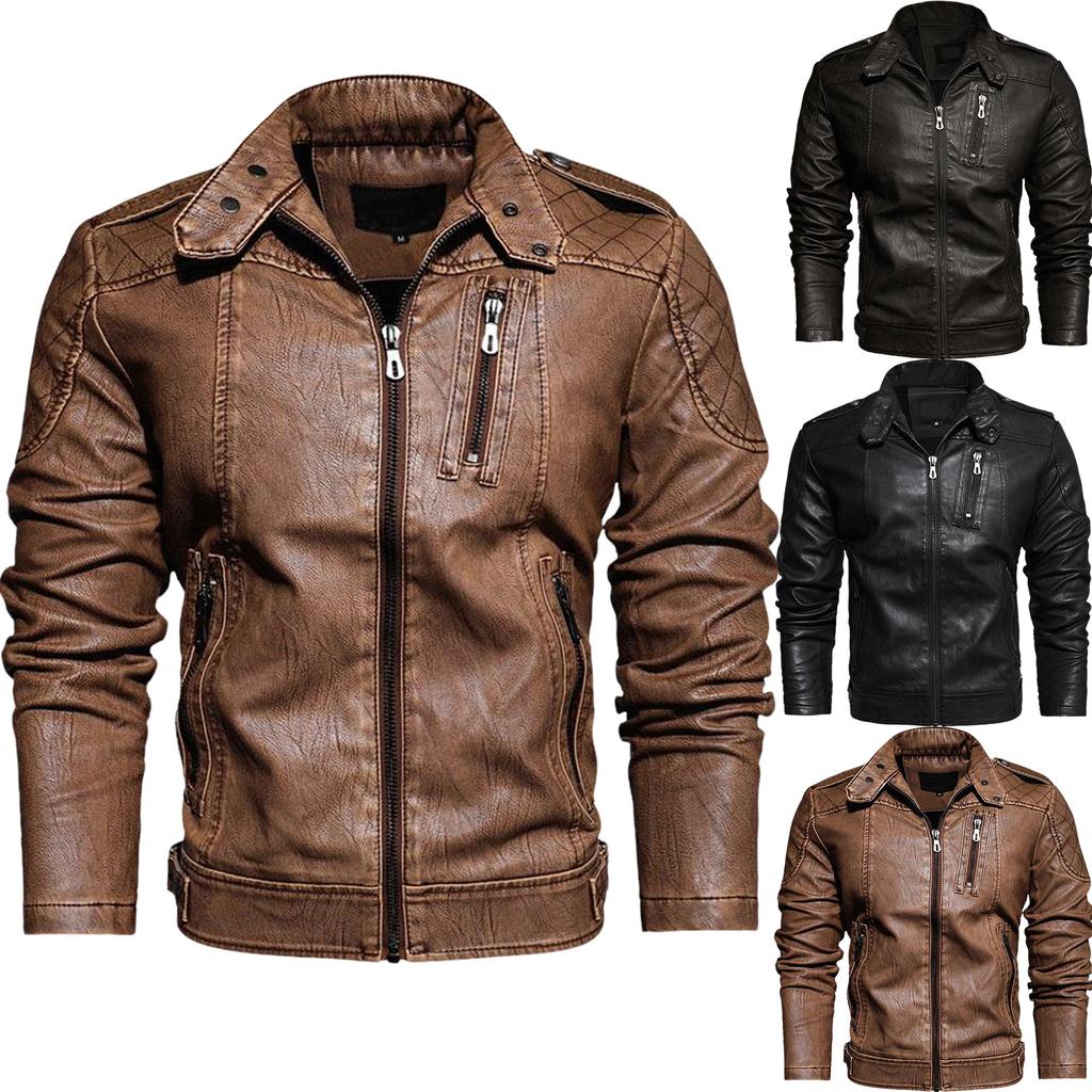 Men's Retro Motorcycle Leather Jacket Stand Collar Slim Fashion Plush Leather Jacket