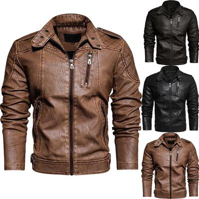 Herren Retro Motorrad Lederjacke Stehkragen Slim Fashion Plüschlederjacke