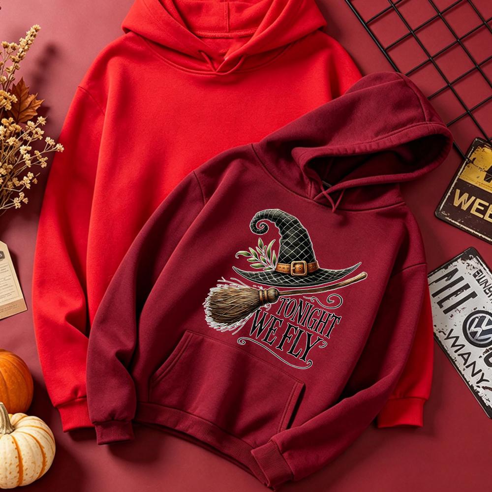 Tonight We Fly Witch Broom Hoodies Women Autumn Halloween Graphic Sweatshirt Loose Casual Long Sleeve Pullover Aesthetic Tops