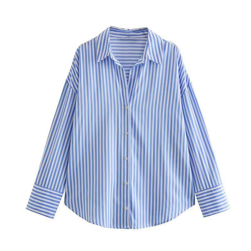 Spring & Autumn Women's European & American Style Striped Lapel Single-Breasted Loose Long Sleeve Shirt