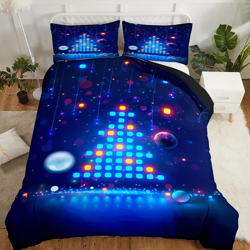 Blue Neon Light Game Christmas Tree Pattern 3d Print Duvet cover Modern Art Style Polyester Bed set Home Quilt cover pillowcase