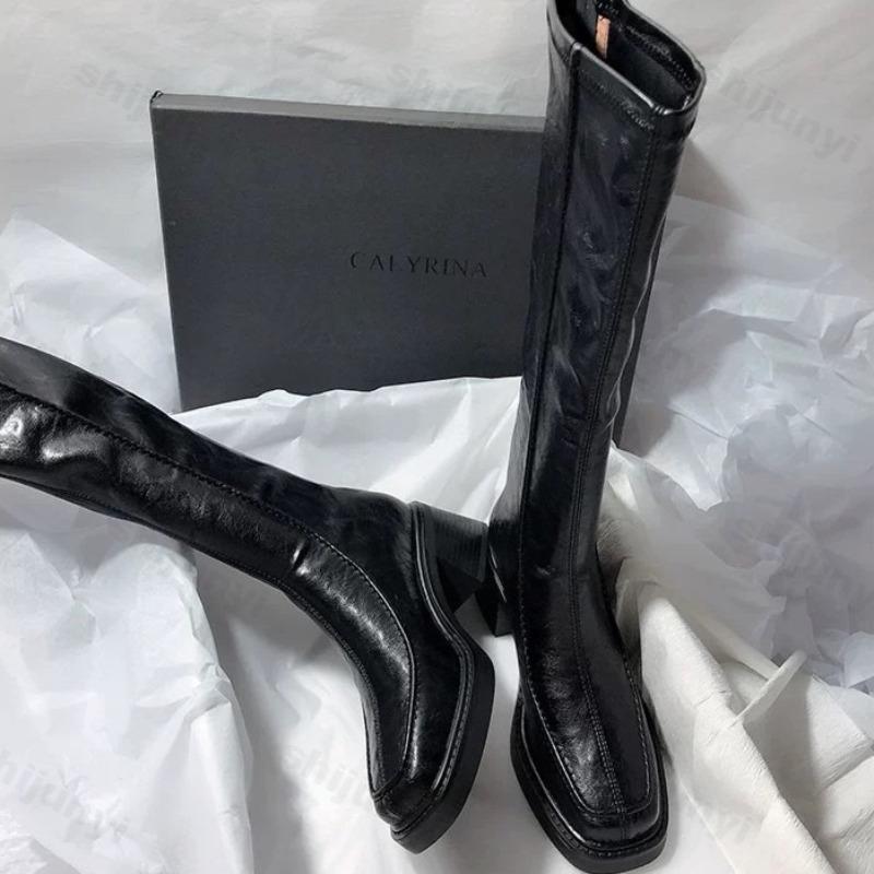 Women Knee High Boots Vintage Thick Heel Fashion Zippers Leather Boot 2026 Autumn Winter Ladies Concise Long Boot Botas De Mujer