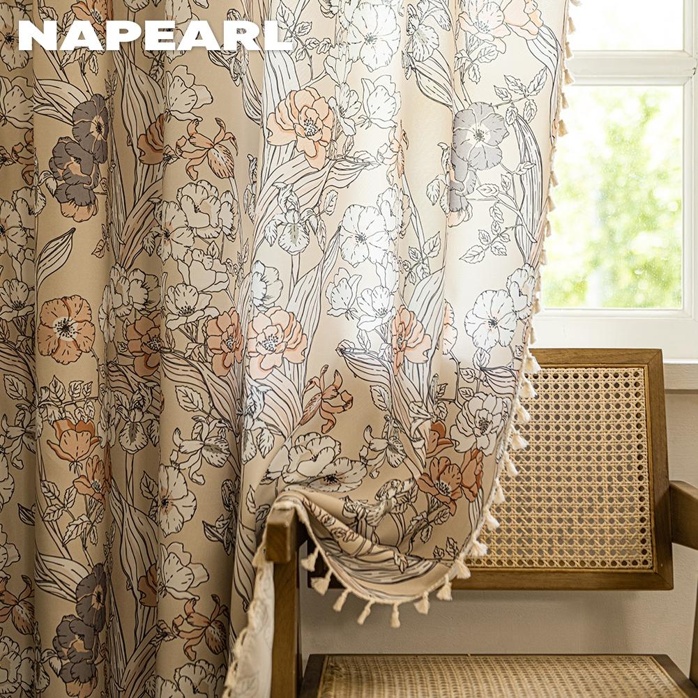 1PC NAPEARL French Retro Floral Printed Curtains Pastoral Style Tassel Edge Semi Blackout Curtains for Bedroom Living Room Window Home Decor