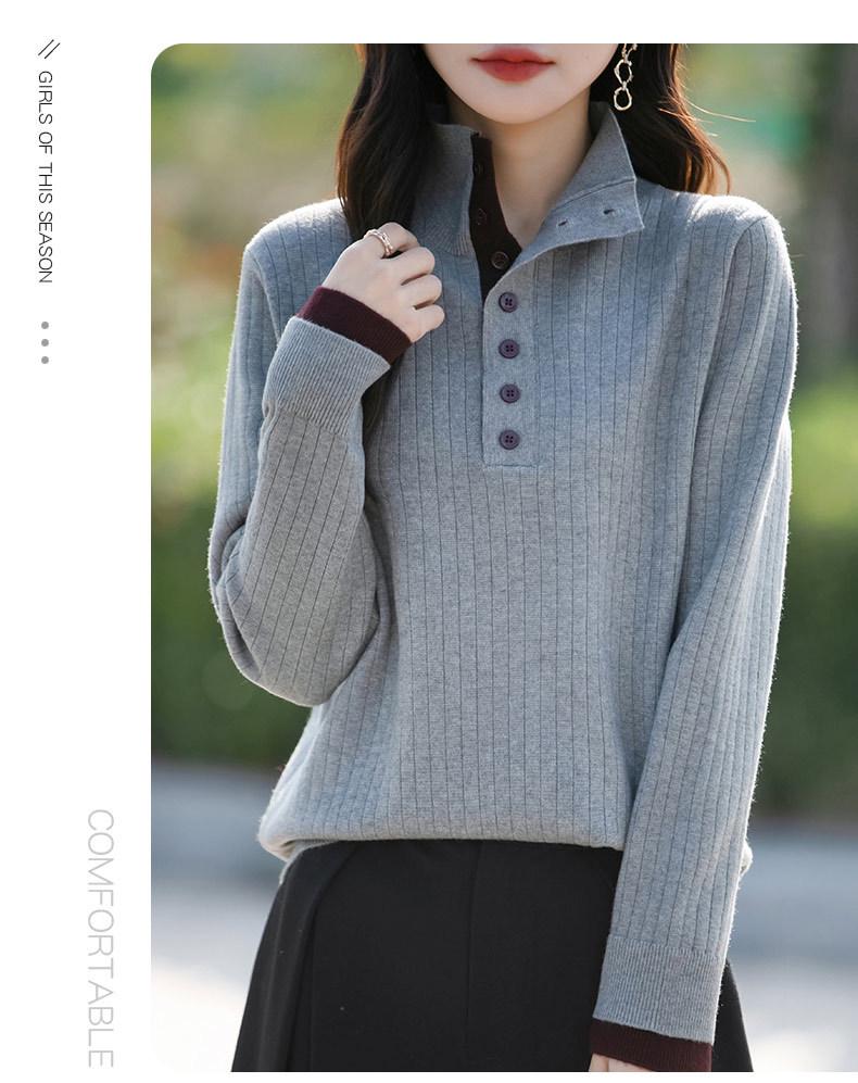Women's Knitted Sweater with Turn-Down Collar - Two-Piece Illusion, Long Sleeve, Loose Fit, Slimming Design for Autumn/Winter.