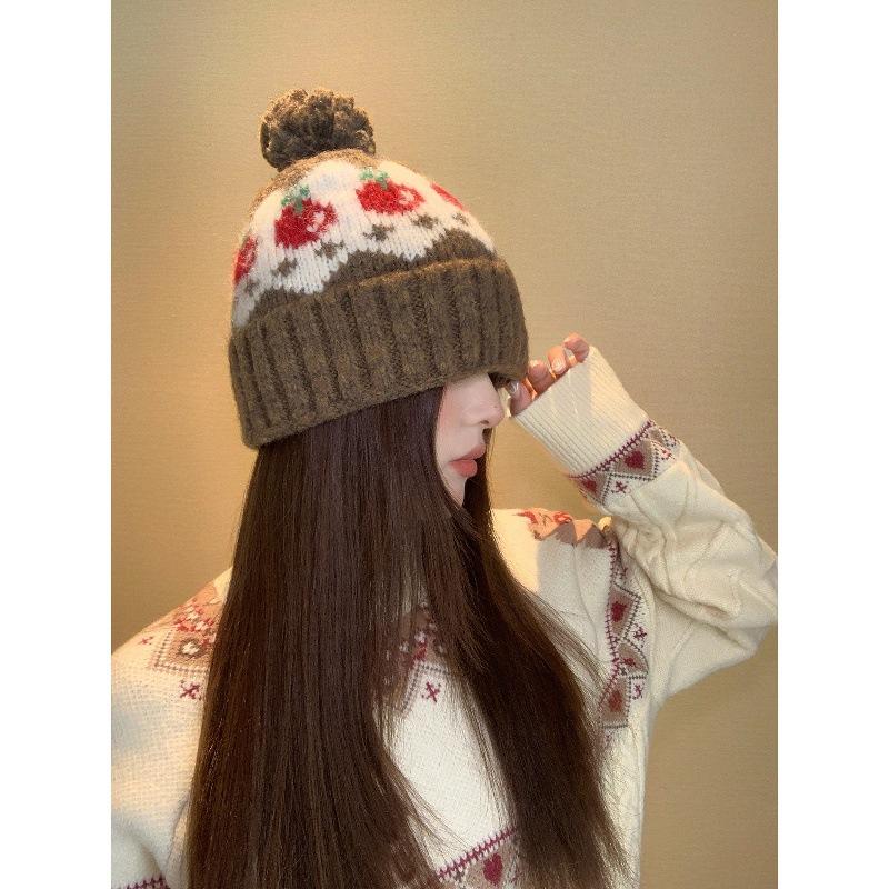 Fairy Island Retro Woolen Ball Knitted Beanie Cap Women Autumn Winter Slim Face Large Size Warm And Cold-Proof Beanie Cold Cap
