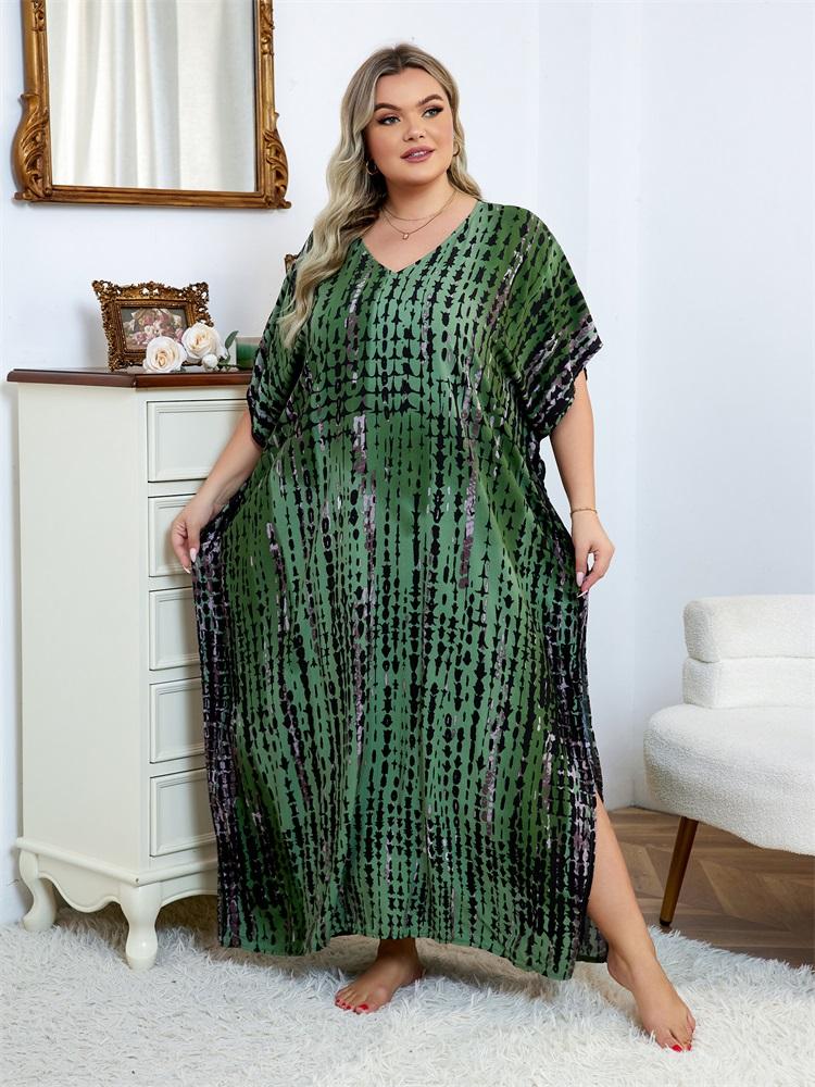 EDOLYNSA 2024 Casual V Neck Green Dark Stripe Tie-Dye Grande Taille Kaftan Femmes Été Boho Imprimé Robe De Plage Maillot De Bain Cover Up Q1218