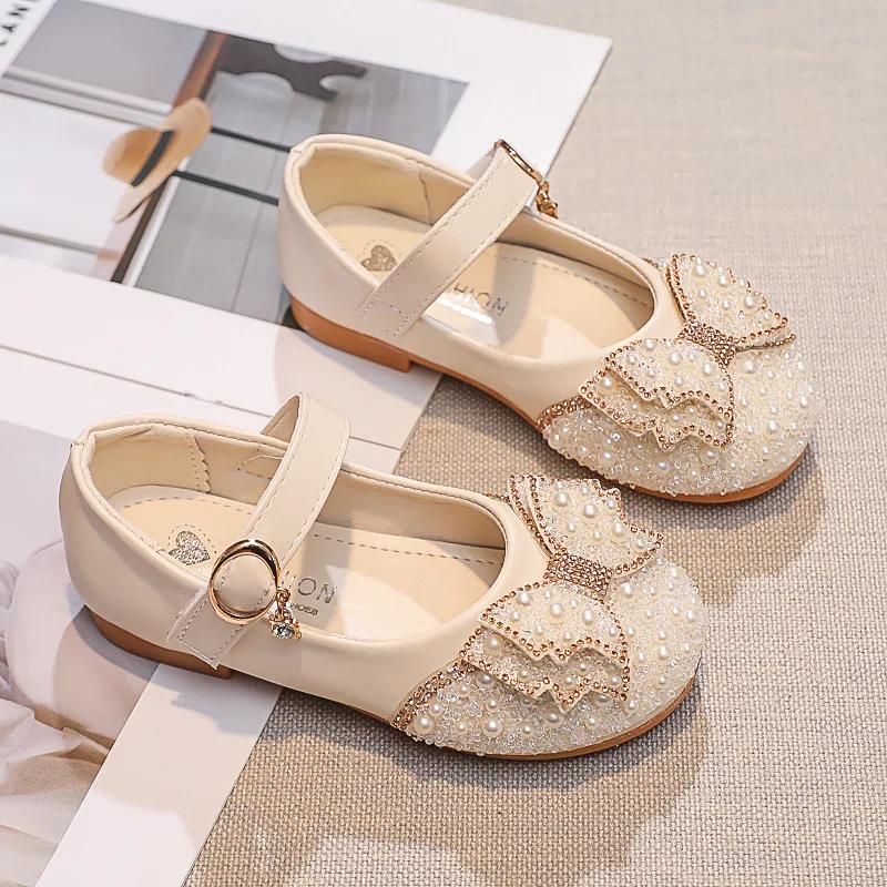

Fashion Girl Glitter Shoes Kids Flat Shoes Sequins Rhinestone Pearl Princess Bowknot Leather Shoes for Student Performance Party 26