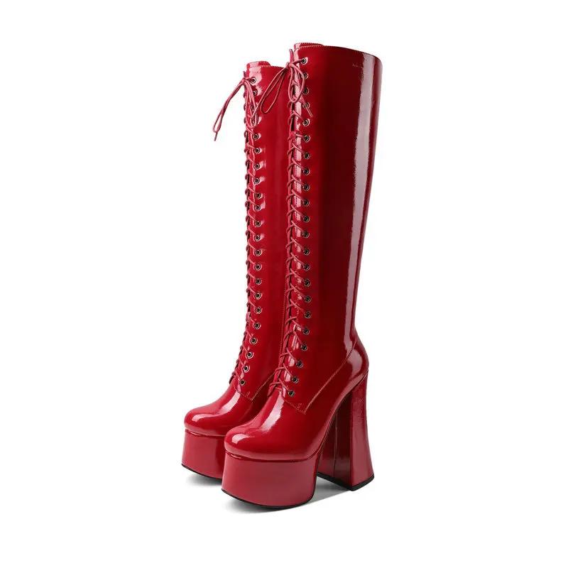 Fashion Autumn winter square head thick heel ultra high before TIE the female reach knee boots waterproof platform but knee boots