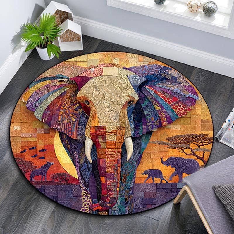 Elephant Round Area Rug,Carpet Rug for Living Room Bedroom Sofa Playroom Decor,Non-slip Floor Mat