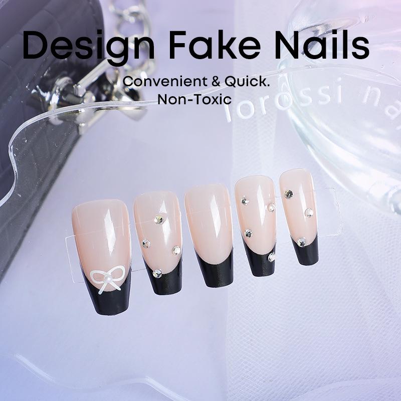 2024 Handmade French Edge Black Press-On Nails with Bowknot & Rhinestones