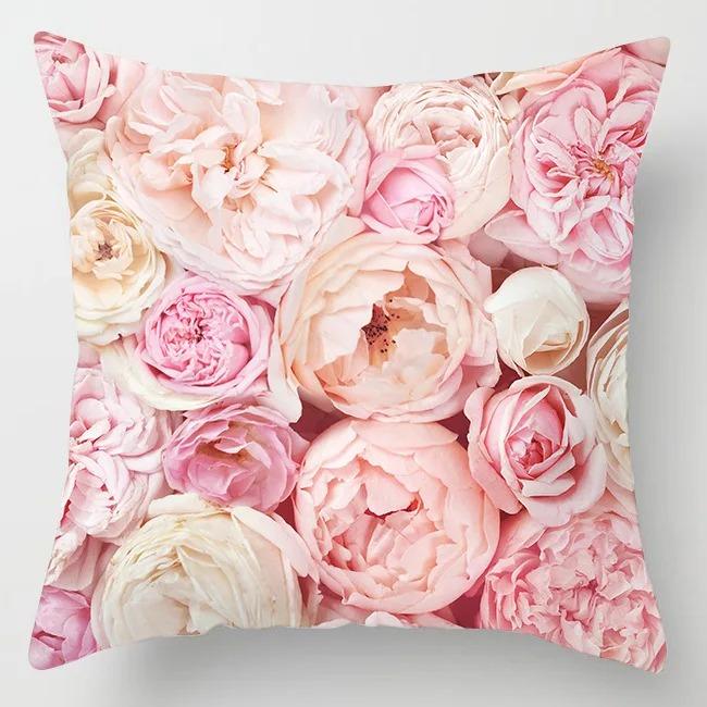 2D Flat Printed Pink Rose Floral Peach Skin Cushion Cover Romantic Flower Decorative Pillowcase For Sofa Bed Room Home Decor
