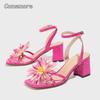 Women's Square Toe Flower Chunky Heel Sandals Elegant Rose Red High Heels for Ladies Wedding Party Dress Shoes Fashion Size35-43
