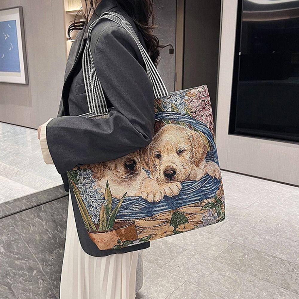 Dog Cute Cat Cloth Bag Large Capacity Animal Shoulder Bag Portable Ethnic Style Handbag Travel