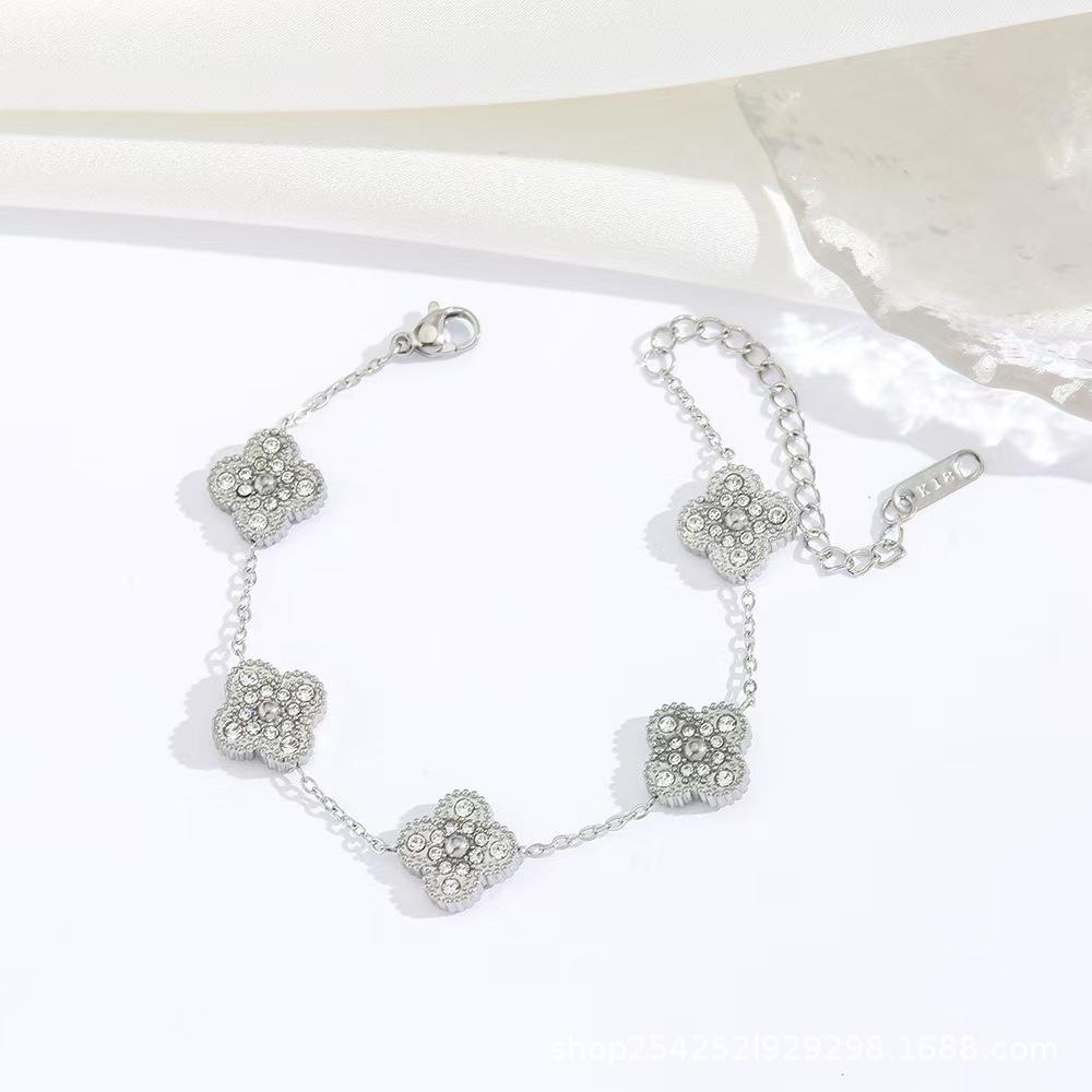 18K Gold Diamond Four-Leaf Clover Flower Bracelet in Textured Stainless Steel Jewelry