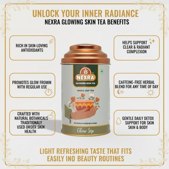 Nexra Masala Bliss Tea, Whole Leaf Herbal Blend with 11 Spices, Premium Tin Box, 100g (50gm, Glowing Skin Tea)