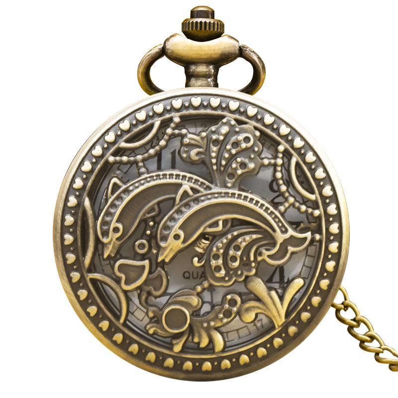 

Vintage Bronze Steampunk Jumping Dolphin Sculpture Quartz Pocket Watch Necklace Pendant Clock Chain Men Women Chain Gift бронзовий