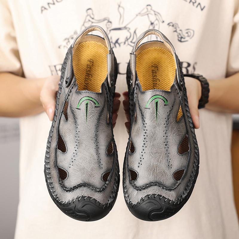 Men's Handmade Leather Sandals Luxury Designer Flat-bottomed Baotou Hollowed-out Leisure Resort Beach Shoes Large Men's Slippers