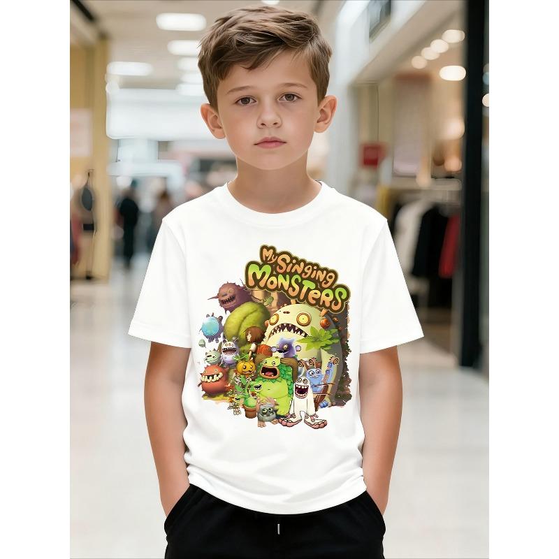 Boys Crewneck Short Sleeve Tee, Full Singing Monster Game Character Print