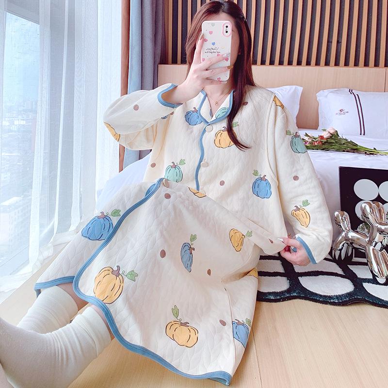 Cozy Maternity Robe & Nursing Nightgown with Breast Pads - Warm, Postpartum Cardigan & Confinement Dress