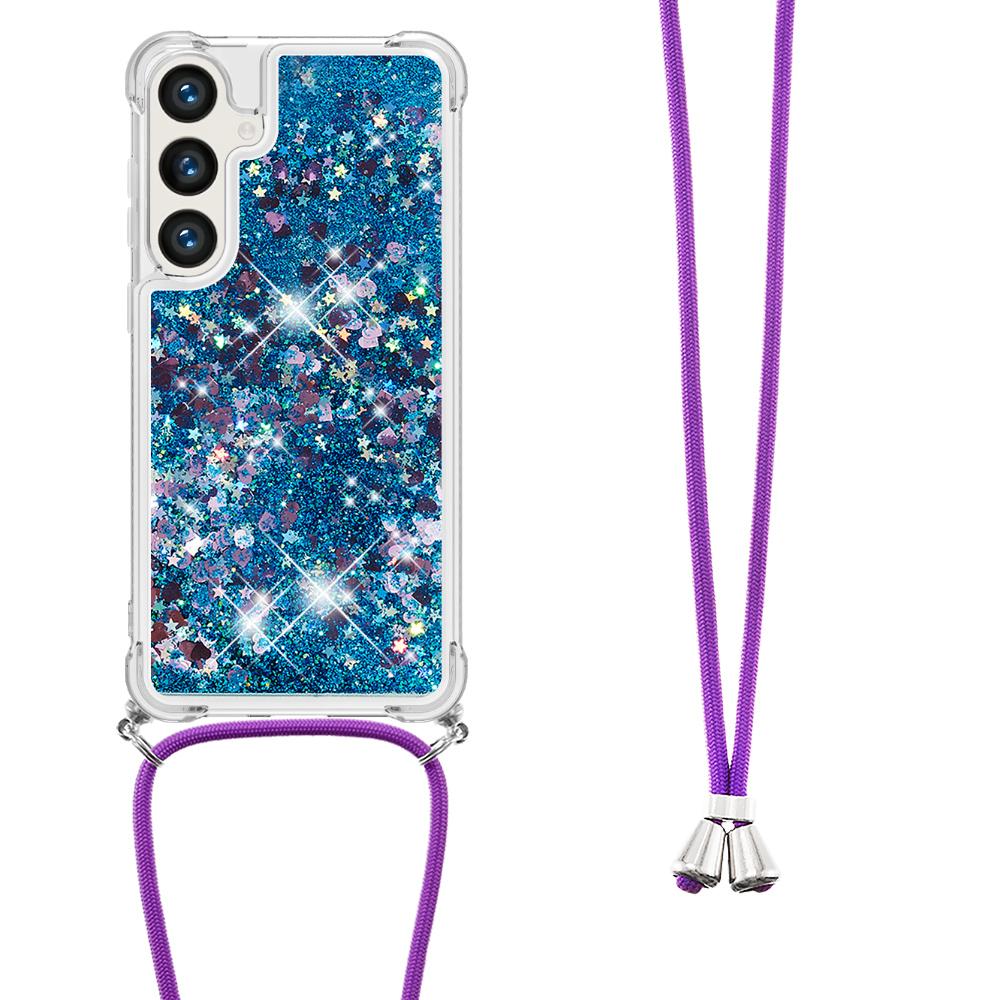 

For Samsung Galaxy S24/Galaxy S25 TPU Case Quicksand Design Phone Cover with Lanyard Blue/Hearts