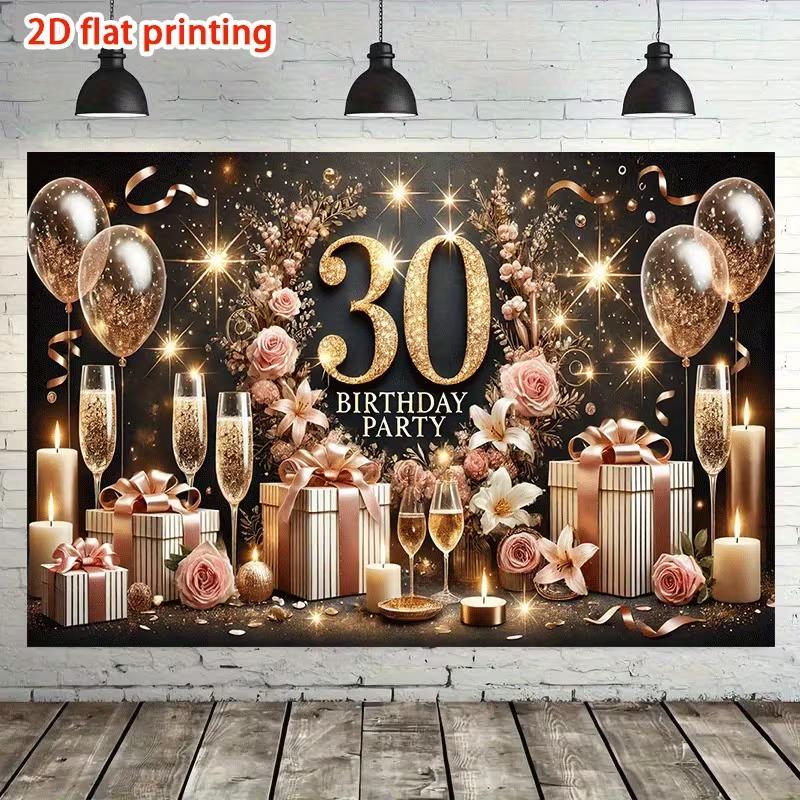 2D Glitter 30th Birthday Background Cloth, Black Gold Candle & Flower Wall Hanging