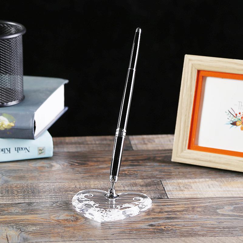 Metal and Acrylic Heart Crystal Pen Holder Set for Office Desk