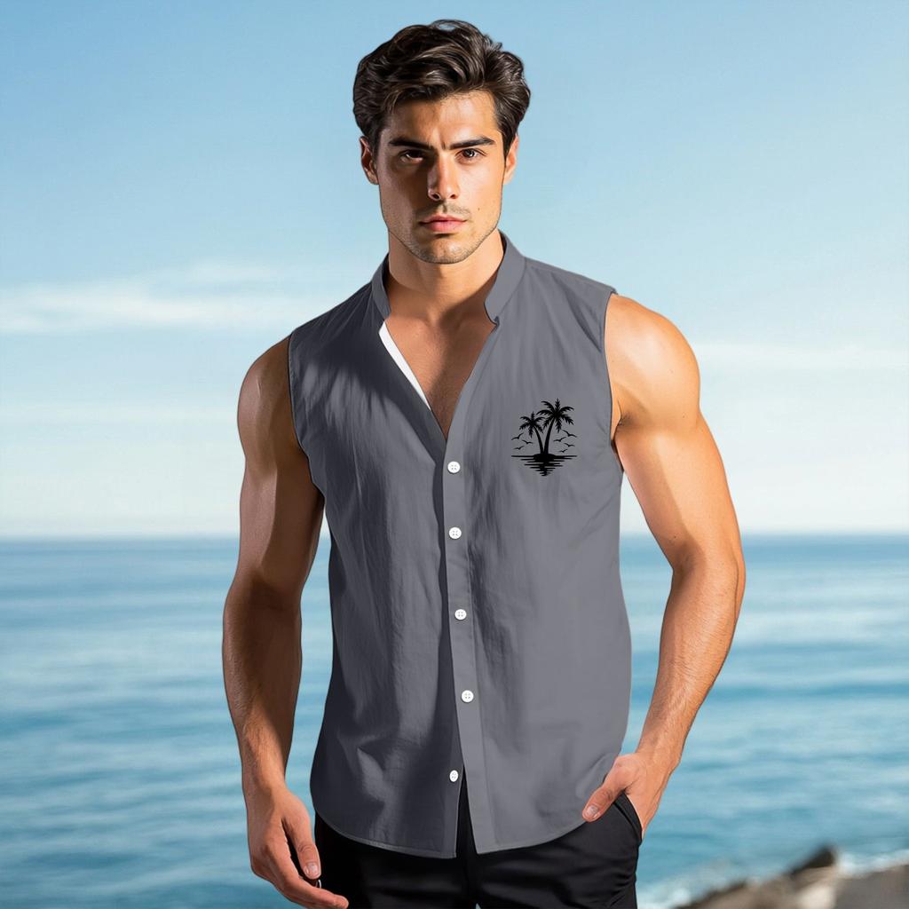 Men's Fashion Printed Sleeveless Lapel Button-Down Shirt Vest Top