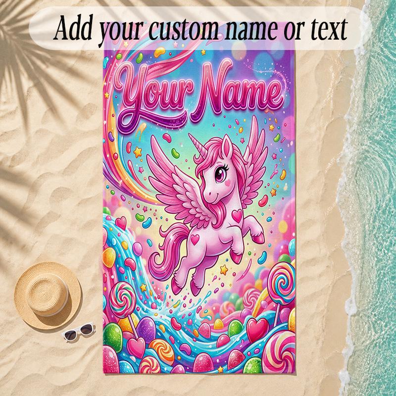 Unicorn Theme Soft Beach Towel Personalized Custom Name Text Towel Portable for Beach Pool Travel