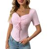 Damen V-Ausschnitt Kurzarm Geripptes Blusentop Slim Fit Süßes Kordelzug Cropped Tunika Top