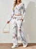 Floral pattern printed women's V-neck long-sleeved trousers set Comfortable casual versatile slim two-piece set