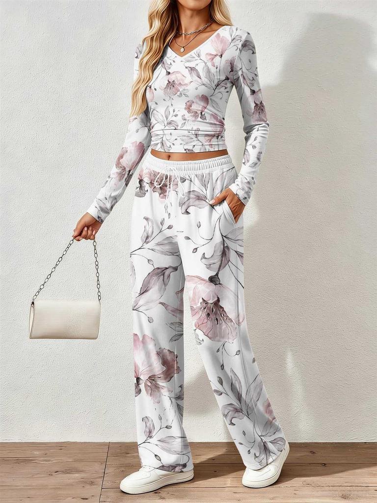 Floral pattern printed women's V-neck long-sleeved trousers set Comfortable casual versatile slim two-piece set