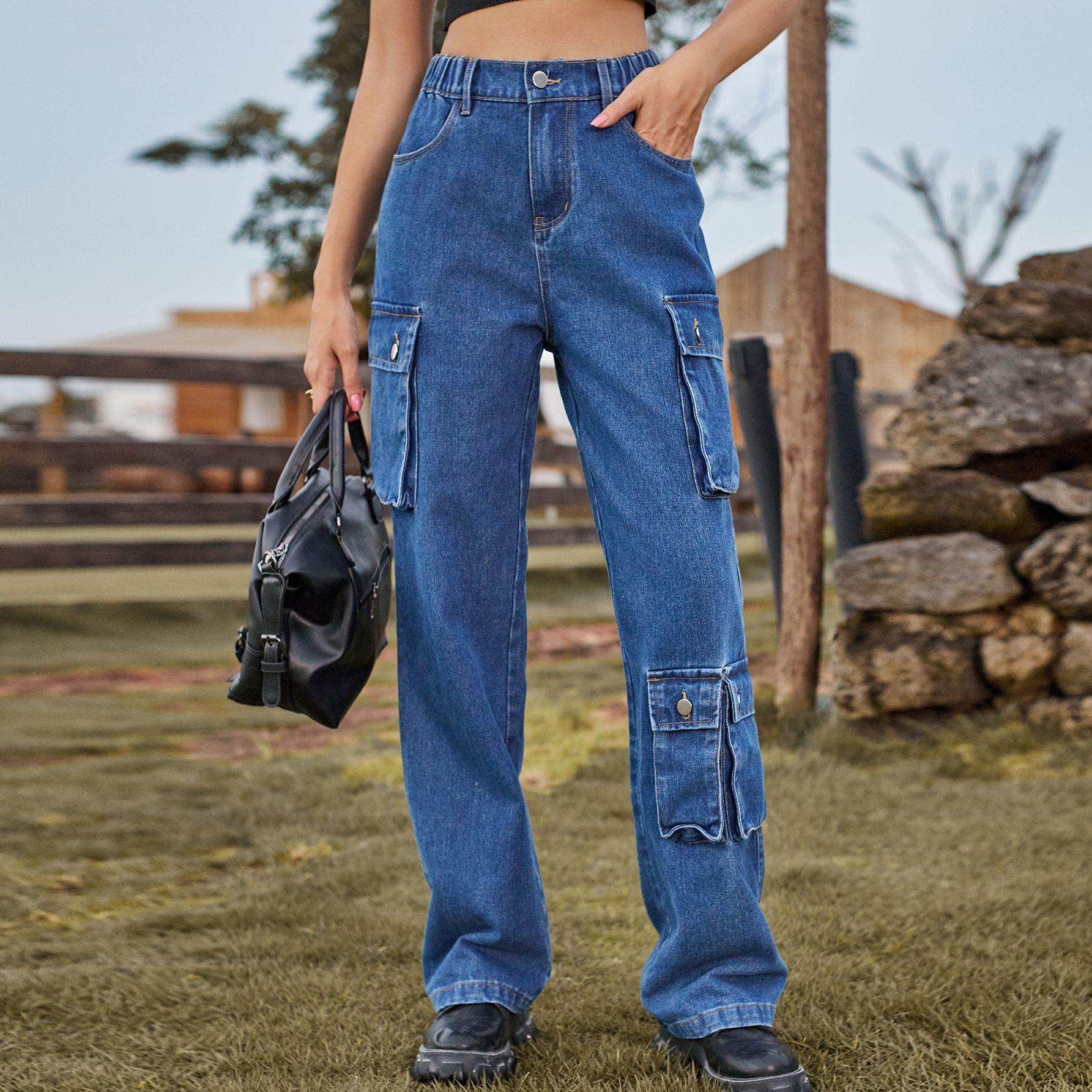 

YYFS женские модные джинсовые повседневные брюки с несколькими карманами, брюки и капри XXL темно-синий