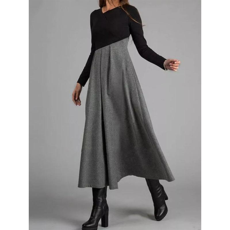 New Woolen Dress with Contrasting Color, V-neck, Long Sleeved Patchwork, and Large Swing Design Maternity Wear