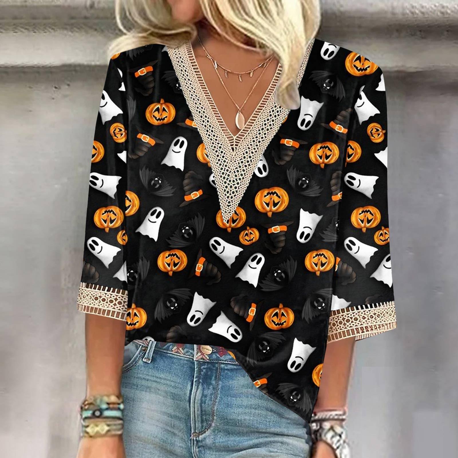 

Women s Shirt Blouse Casual Loose Shirts 3/4 Sleeve Lace Trims Halloween Print V Neck Tops Print Tops T-shirts Tee M жовтий