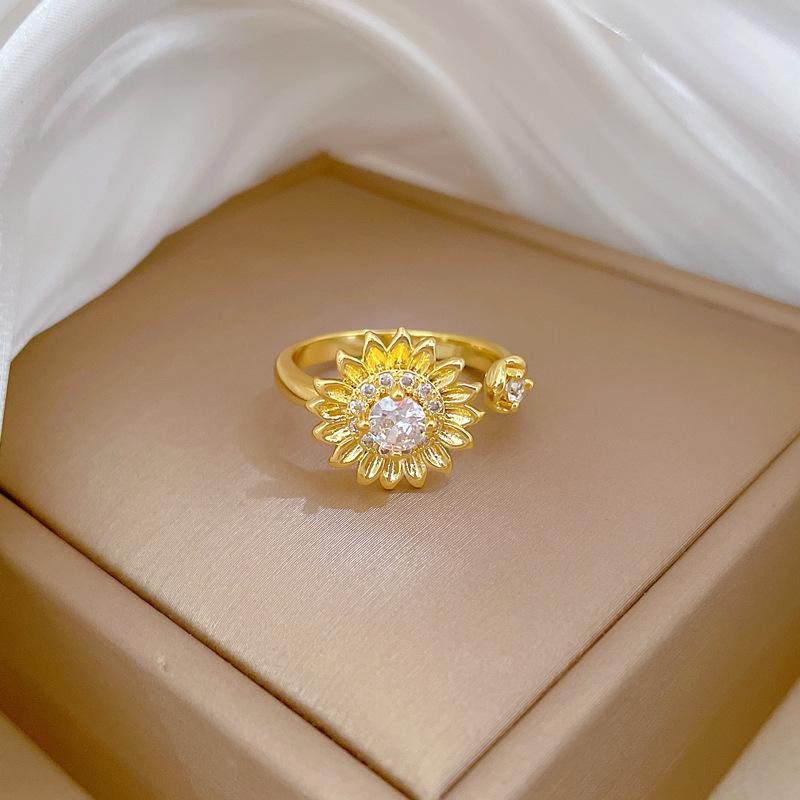 Echtgold Licht Luxus Blume Voll Diamant Ring Öffnung Verstellbar Schlichter Schmuck Japanischer Ring Partnerring