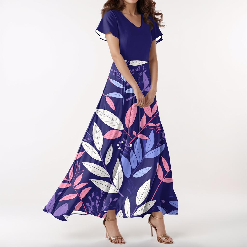 Lässiges Damenkleid mit V-Ausschnitt, kurzen Ärmeln und hoher Taille, Retro-Blumenblatt-Print