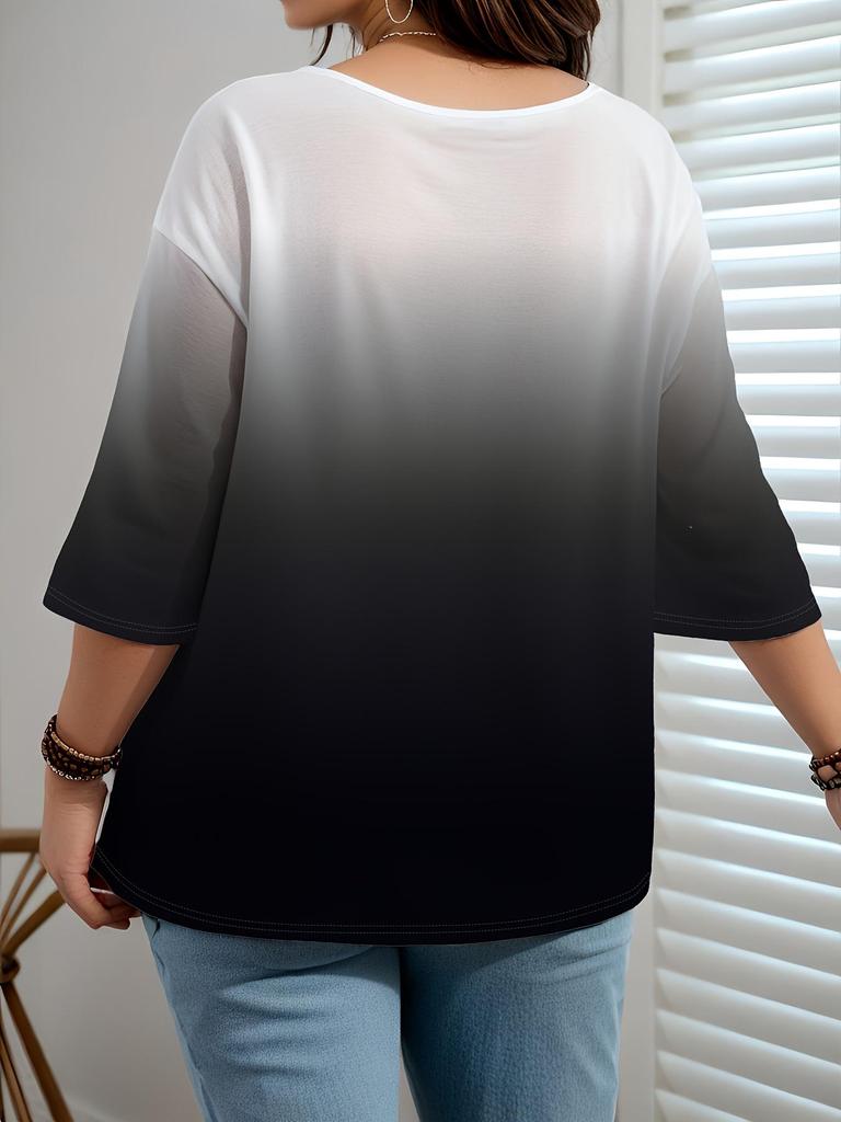 2025 Women's Printed Gradient Three-Quarter Sleeve Casual Top - European, American, Japanese, Korean Fashion Styles