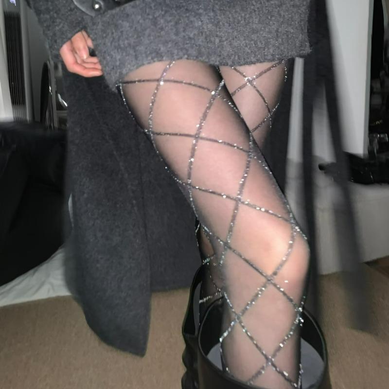 1/S Shiny Cross Diamond Grid Stockings For Women Spring Summer Ultra-Thin Transparent Slim Fit Tights Glitter Hosiery Legging