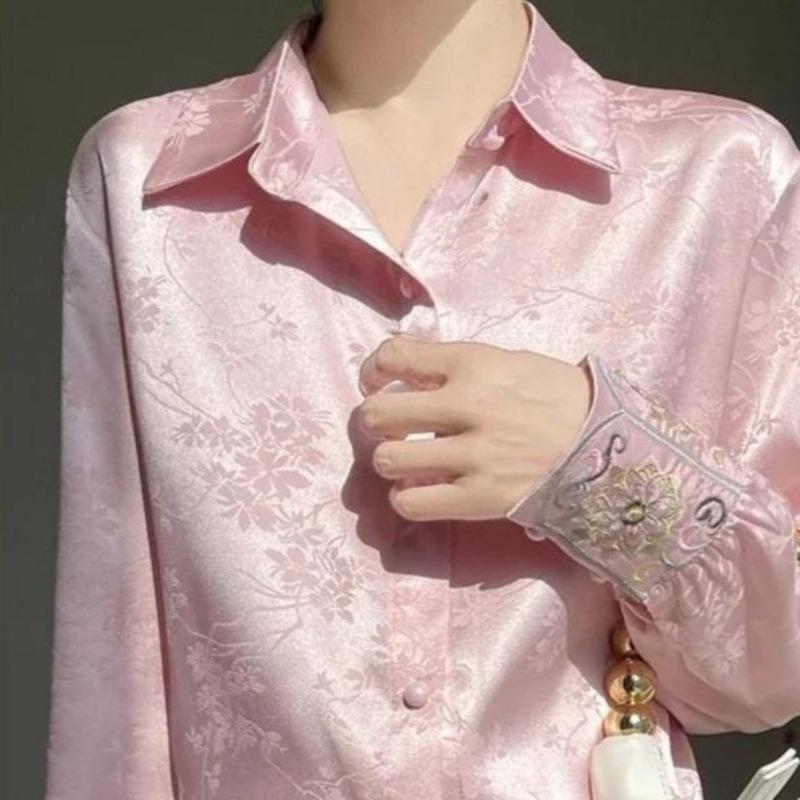 Women's New Jacquard Satin Shirt Lady's Long Sleeved Single Breasted Blouses Turn-down Collar Thin Fashion Versatile Top