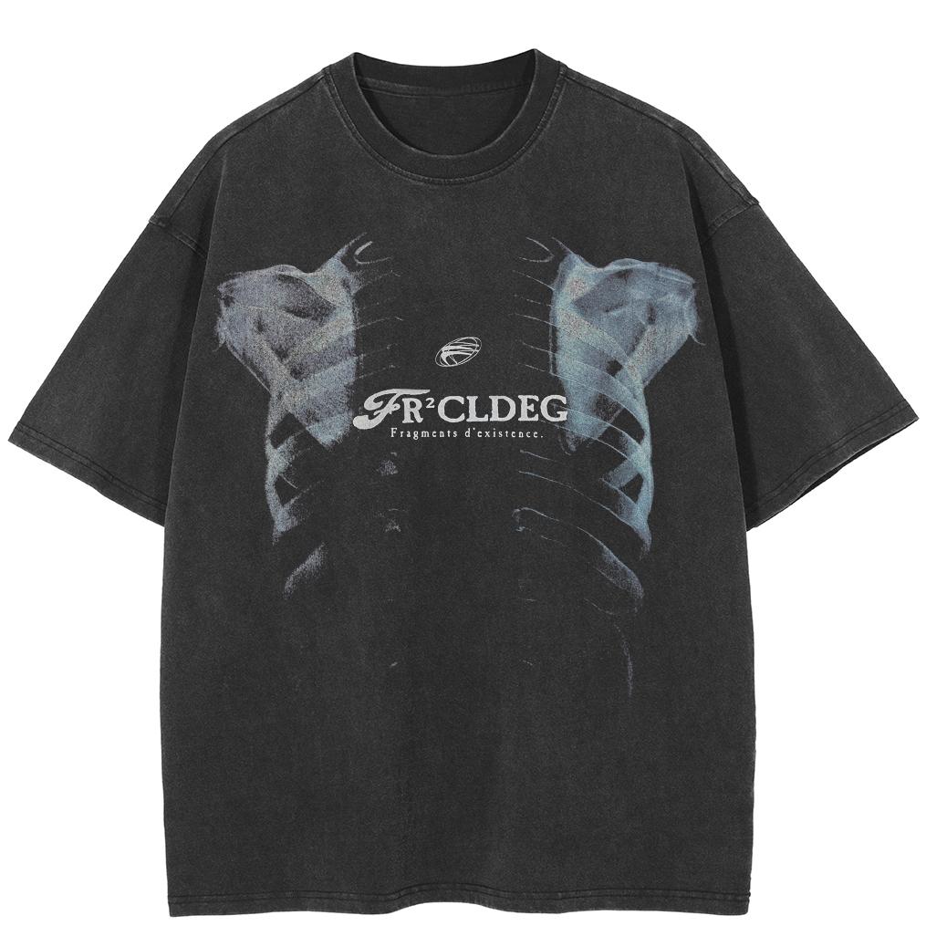 Streetwear Bothsides X-rays Graphic T-Shirt Cotton Washed Black Tshirt Unisex Short Sleeves T Shirt