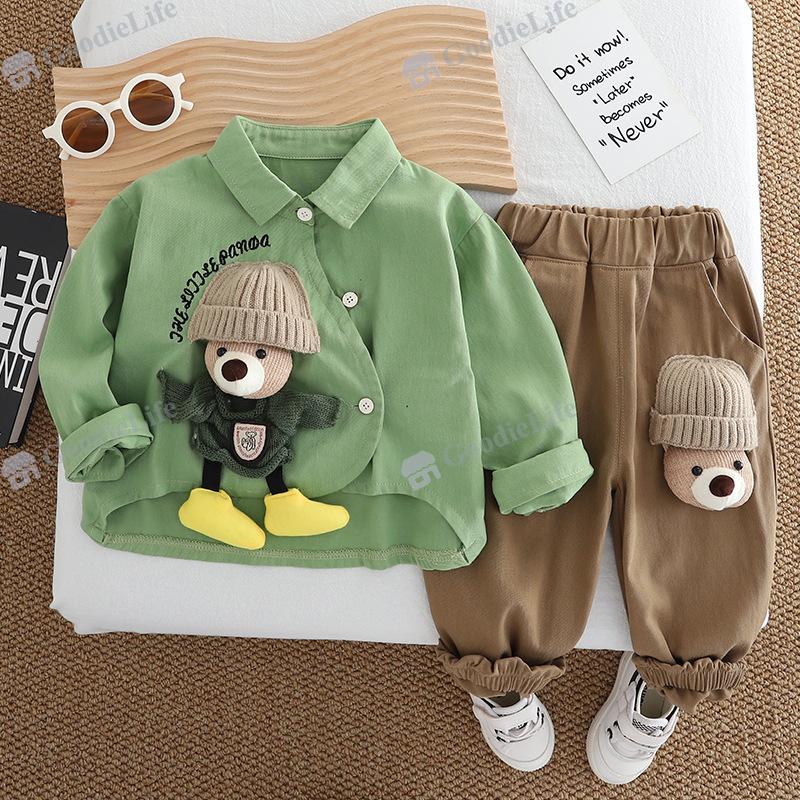 2025 Baby Bear Shirt & Pants Set – Cute Cotton Spring Outfit for Toddler Boys, Teddy Bear Print 2-Piece Clothes