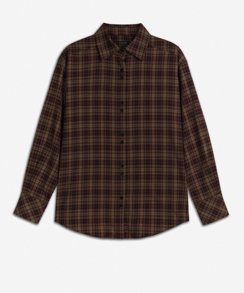 Hauseuobeupondeu Plaid Check Cross Button Shirt_Brown